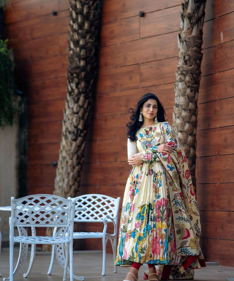 Kalamkari Print White Gown With Printed Dupatta