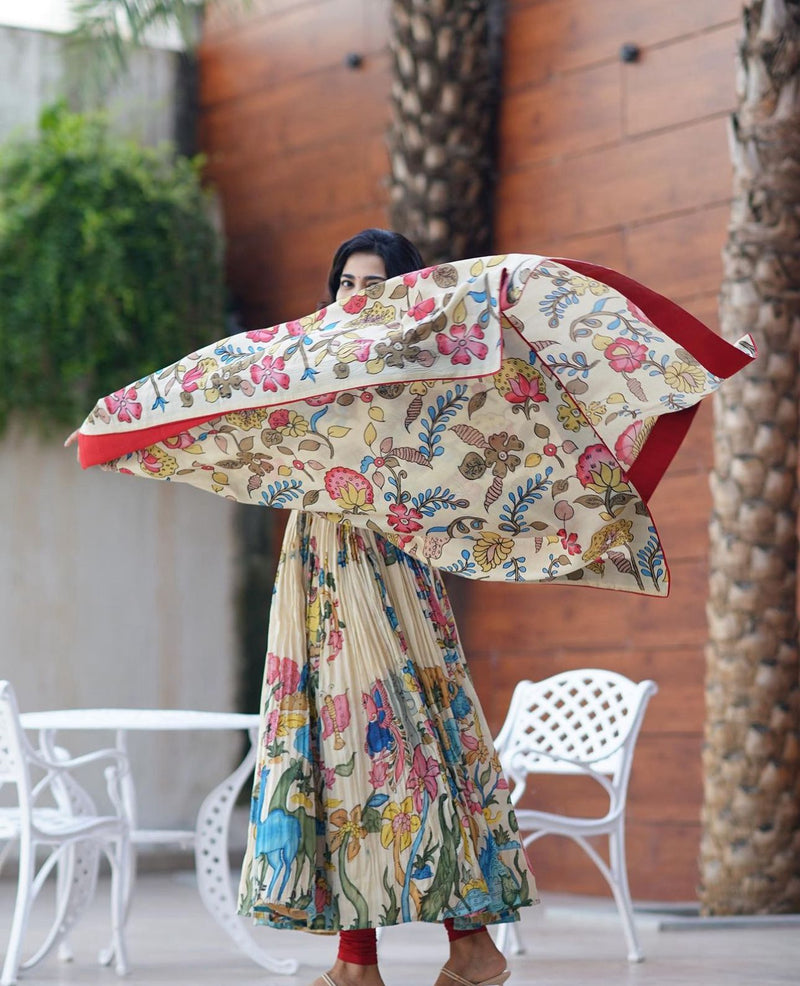 Kalamkari Print White Gown With Printed Dupatta