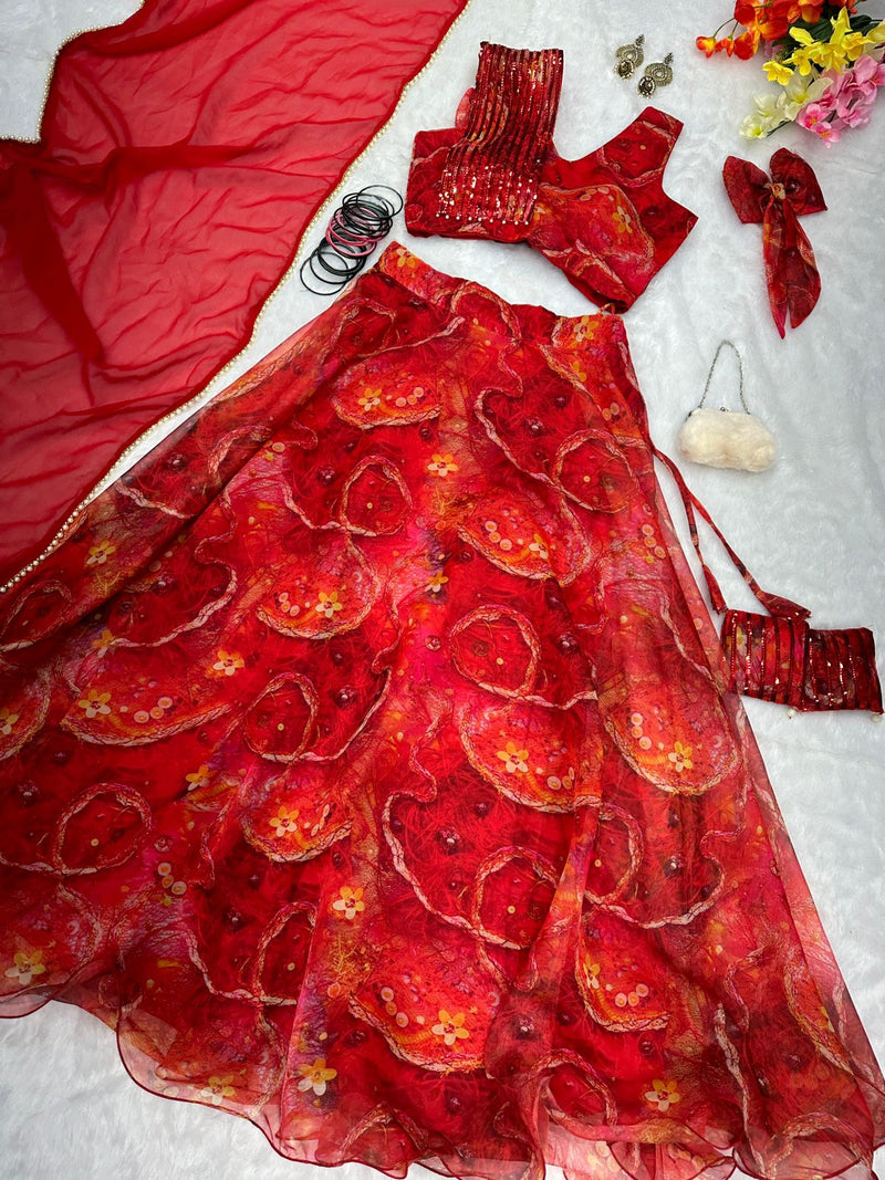 Reception Wear Red Color Organza Silk Lehenga Choli