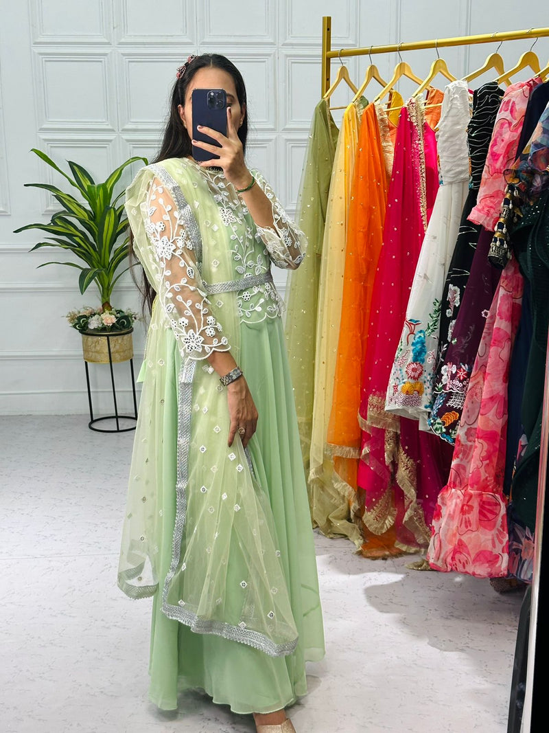 Light Green Color Georgette Material Sequins Work Gown