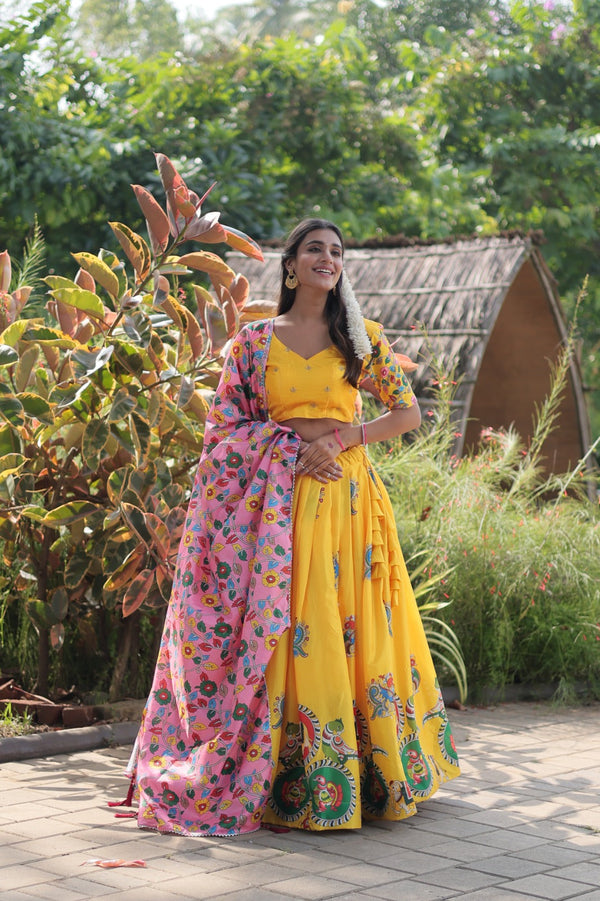 Yellow Color Dola Silk Lehenga Choli With Printed Dupatta