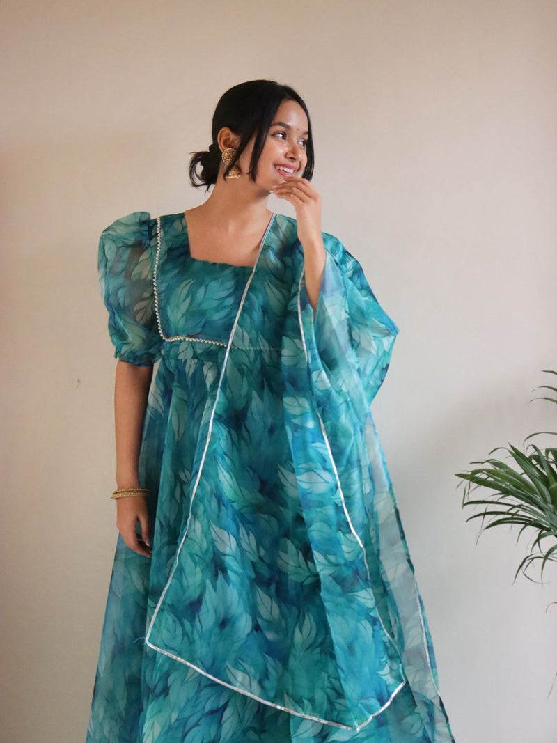 Trending Aqua Blue Printed With Beautiful Work Aliya Cut Suit