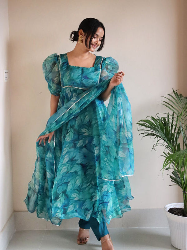 Amazing Blue Color Printed Organza Anarkali Suit