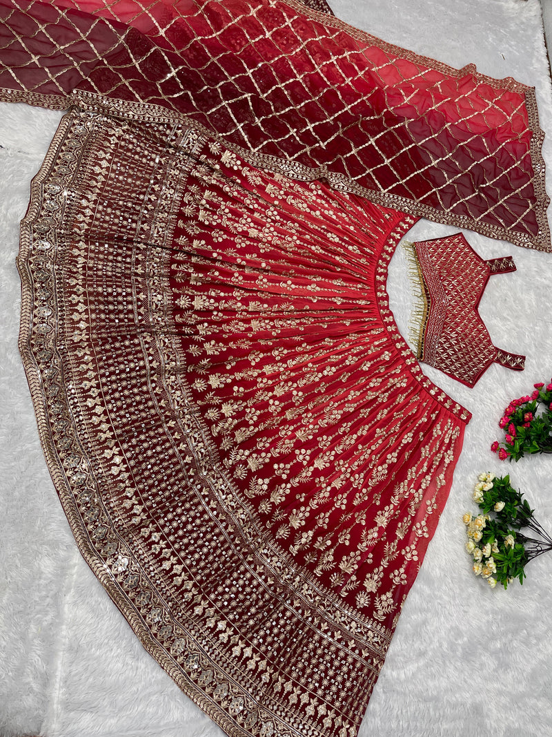 Wedding Wear Aqua Red Color Shade Heavy Lehenga Choli