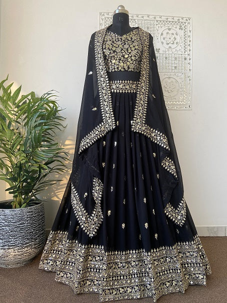 Black Navratri Special Fully Stiched Digital Printed Lehenga With Mirror  Work