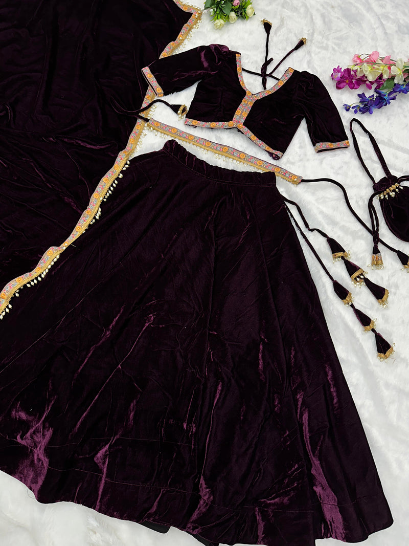 Winter Wedding Wine Color Velvet Lehenga Choli subhvastra