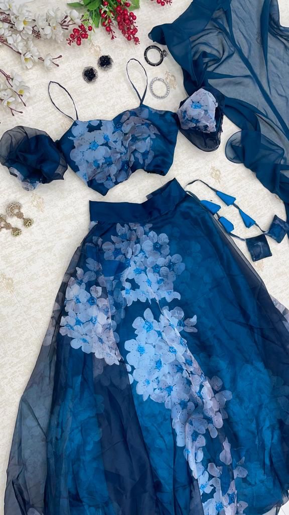 Gorgeous Navy Blue Color Organza Lehenga Choli
