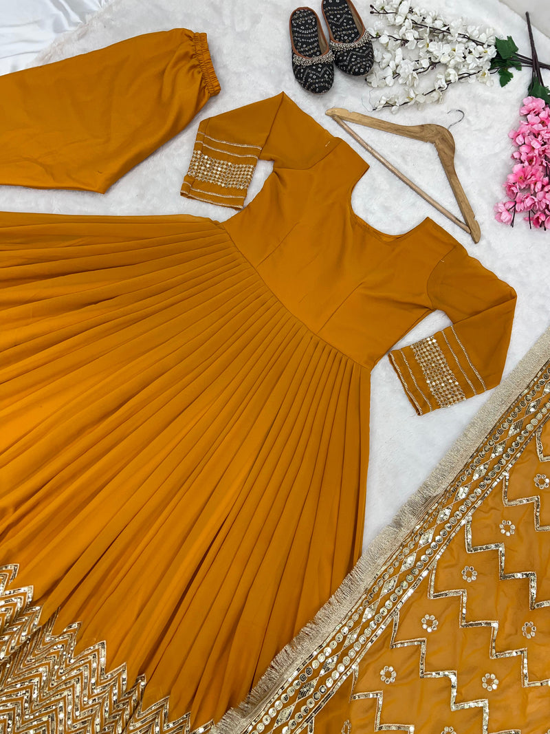 Charming Full Embroidery Sequence Work Mustard Anarkali Suit