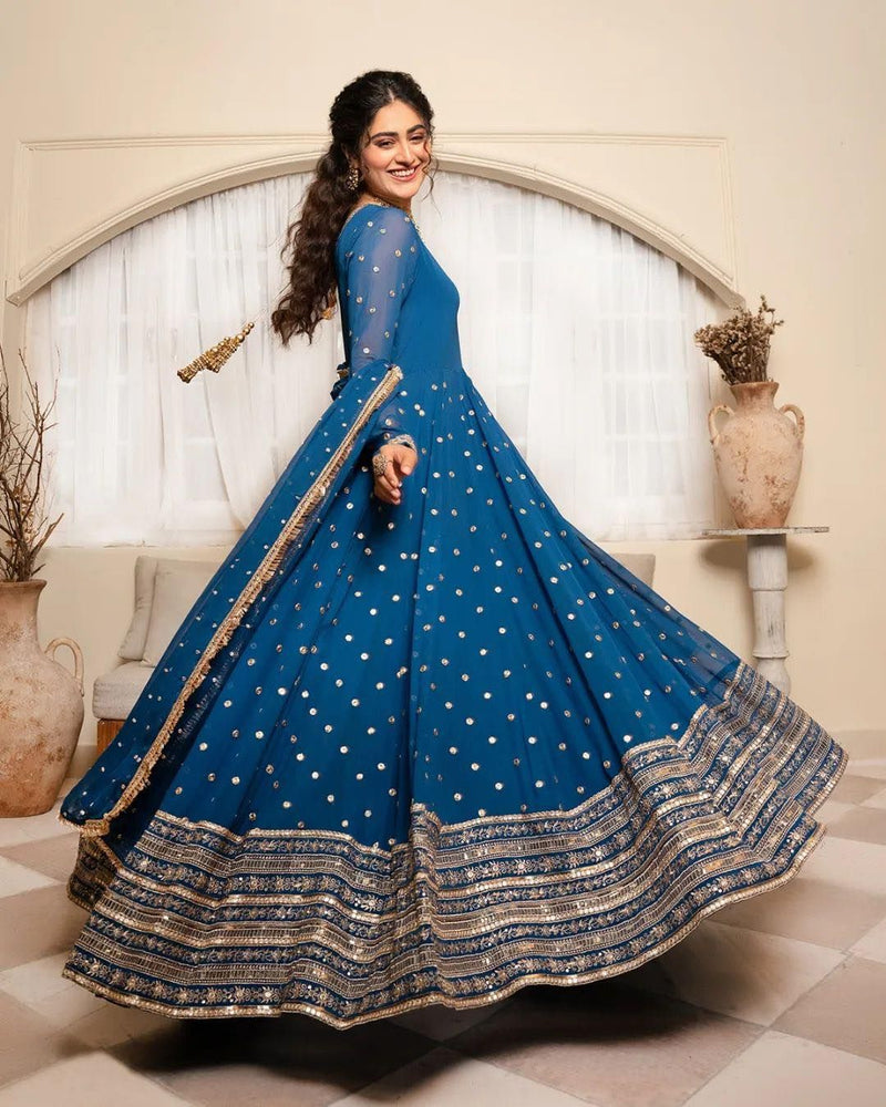 Glamourous Sky Blue Color Embroidery Work Gown – Amrutamfab