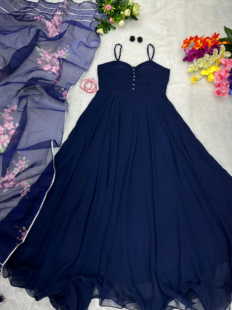 Charming Navy Blue Color Gown With Dupatta