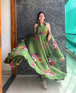 Fancy Neck Pattern Green Color Flower Printed Anarkali Gown