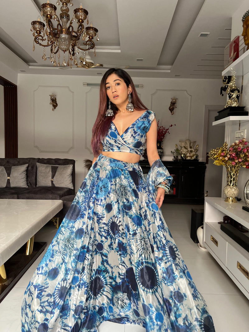 Organza Silk Digital Printed Fully Stitched Blue Color Lehenga Choli