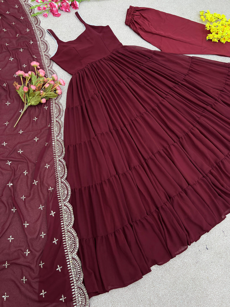 Graceful Maroon Color Ruffle Anarkali Gown