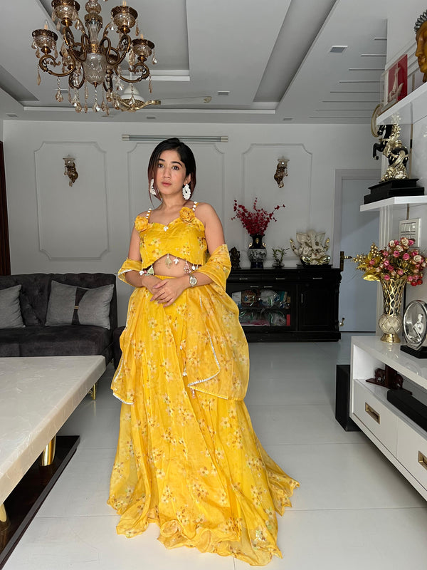 Glimmering Haldi wear Yellow Color Jimmy Organza Lehenga Choli