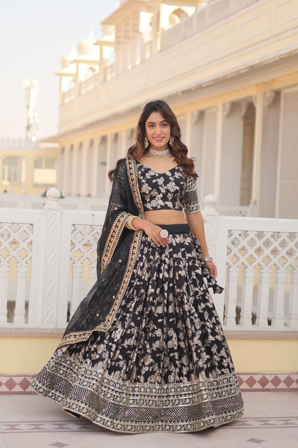 Weeding Wear Black Color Jacquard Embroidered Sequins Work Lehenga Choli