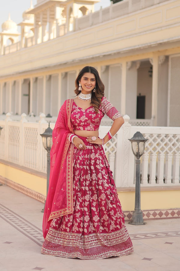 Weeding Wear Red Color Jacquard Embroidered Sequins Work Lehenga Choli