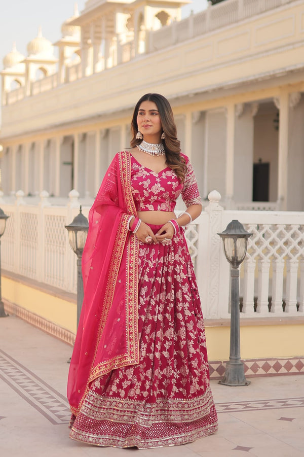 Weeding Wear Red Color Jacquard Embroidered Sequins Work Lehenga Choli