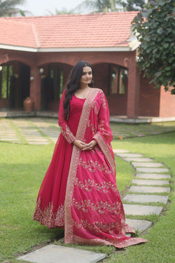 Lovely Pink Long Gown With Embroidery Work Dupatta