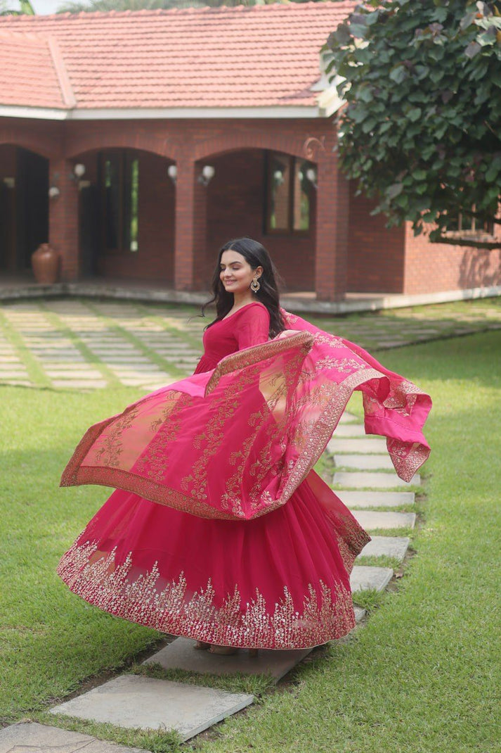 Lovely Pink Long Gown With Embroidery Work Dupatta