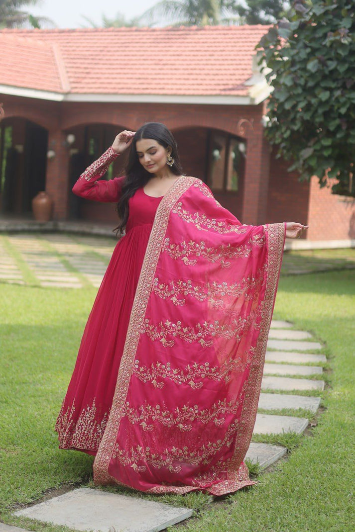 Lovely Pink Long Gown With Embroidery Work Dupatta