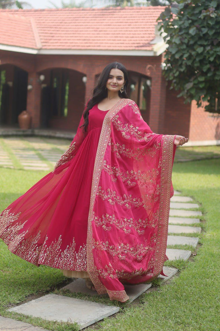 Lovely Pink Long Gown With Embroidery Work Dupatta