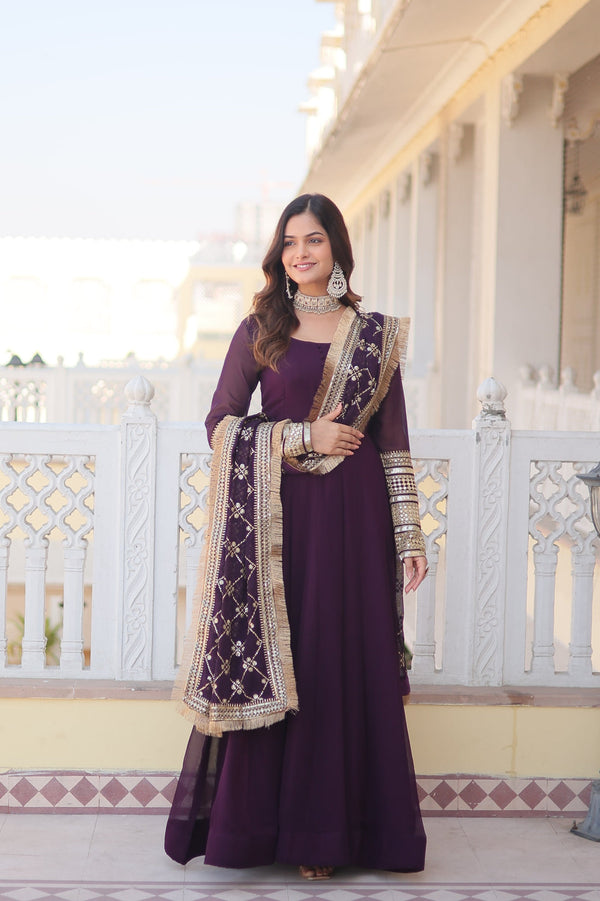Stunning Work Wine Color Gown With Dupatta