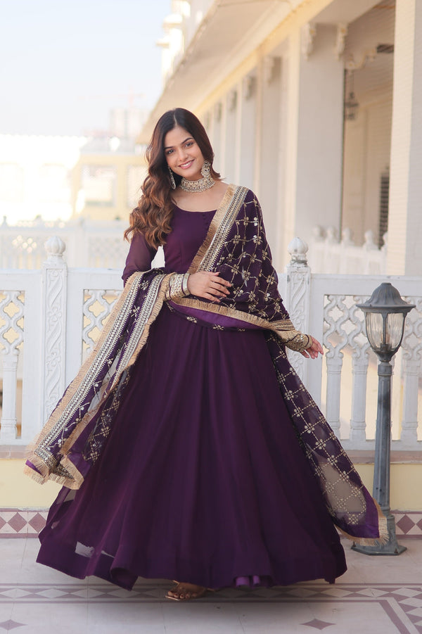 Stunning Work Wine Color Gown With Dupatta