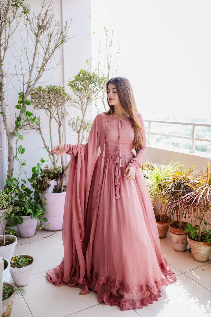 Good Looking Lace Border Dusty Pink Gown With Plain Dupatta