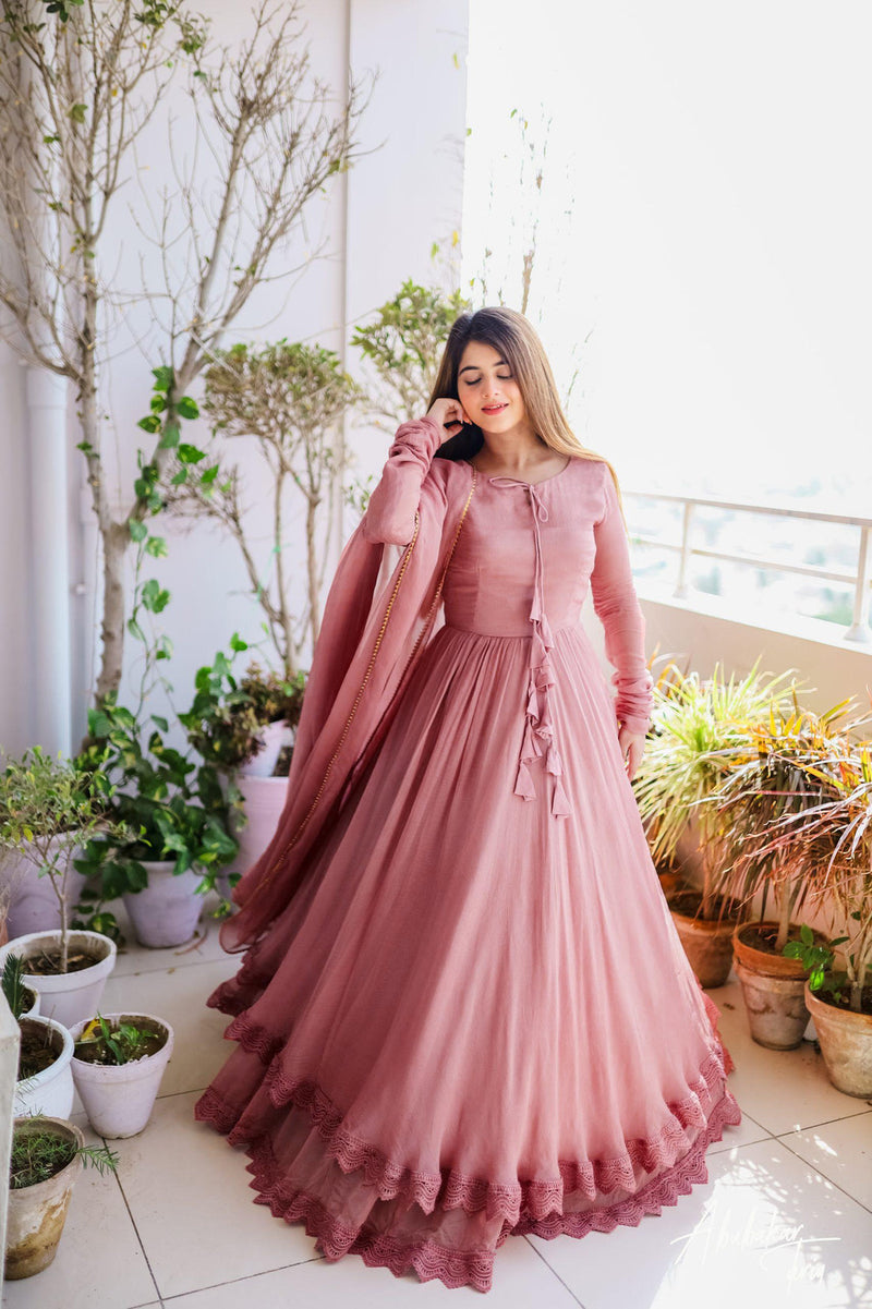 Good Looking Lace Border Dusty Pink Gown With Plain Dupatta