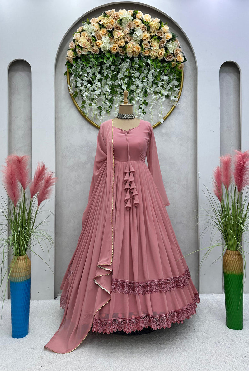 Good Looking Lace Border Dusty Pink Gown With Plain Dupatta – subhvastra