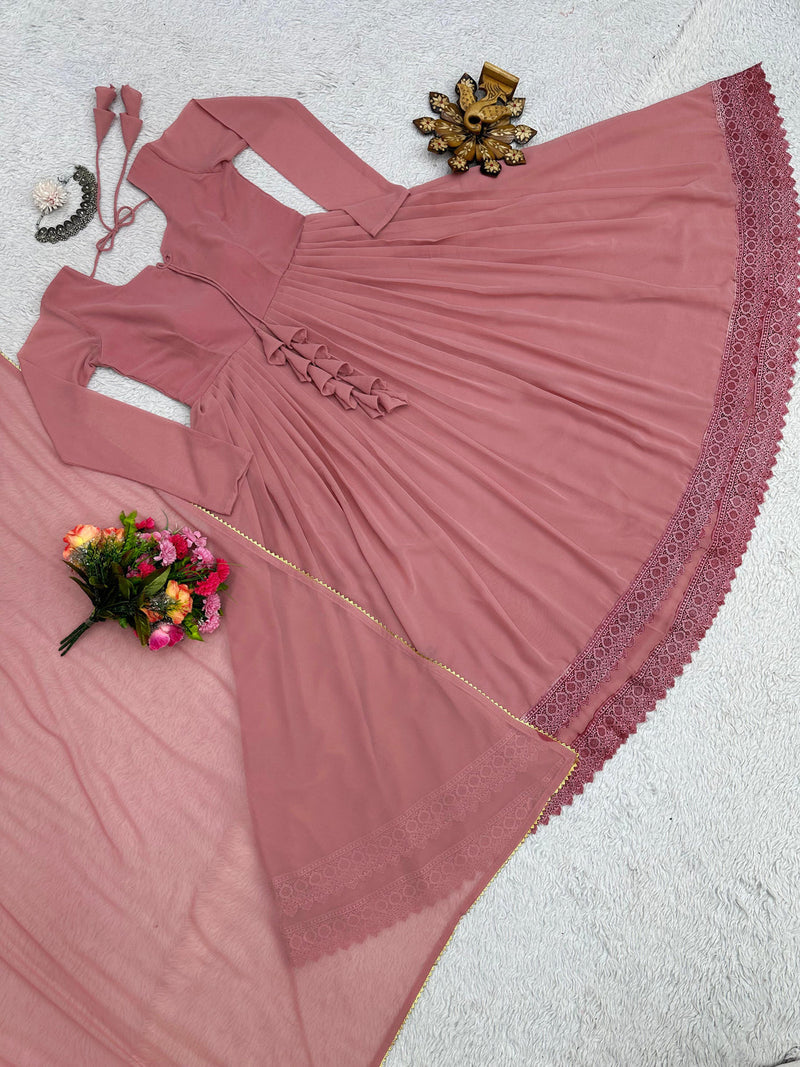 Good Looking Lace Border Dusty Pink Gown With Plain Dupatta