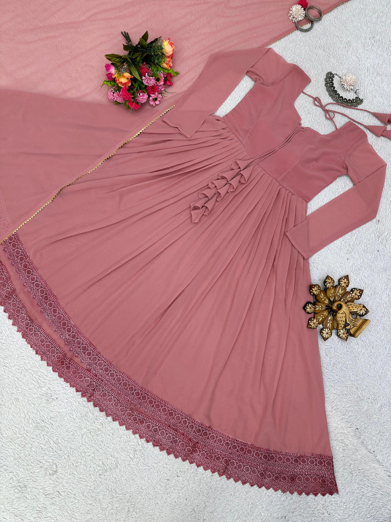 Good Looking Lace Border Dusty Pink Gown With Plain Dupatta – subhvastra