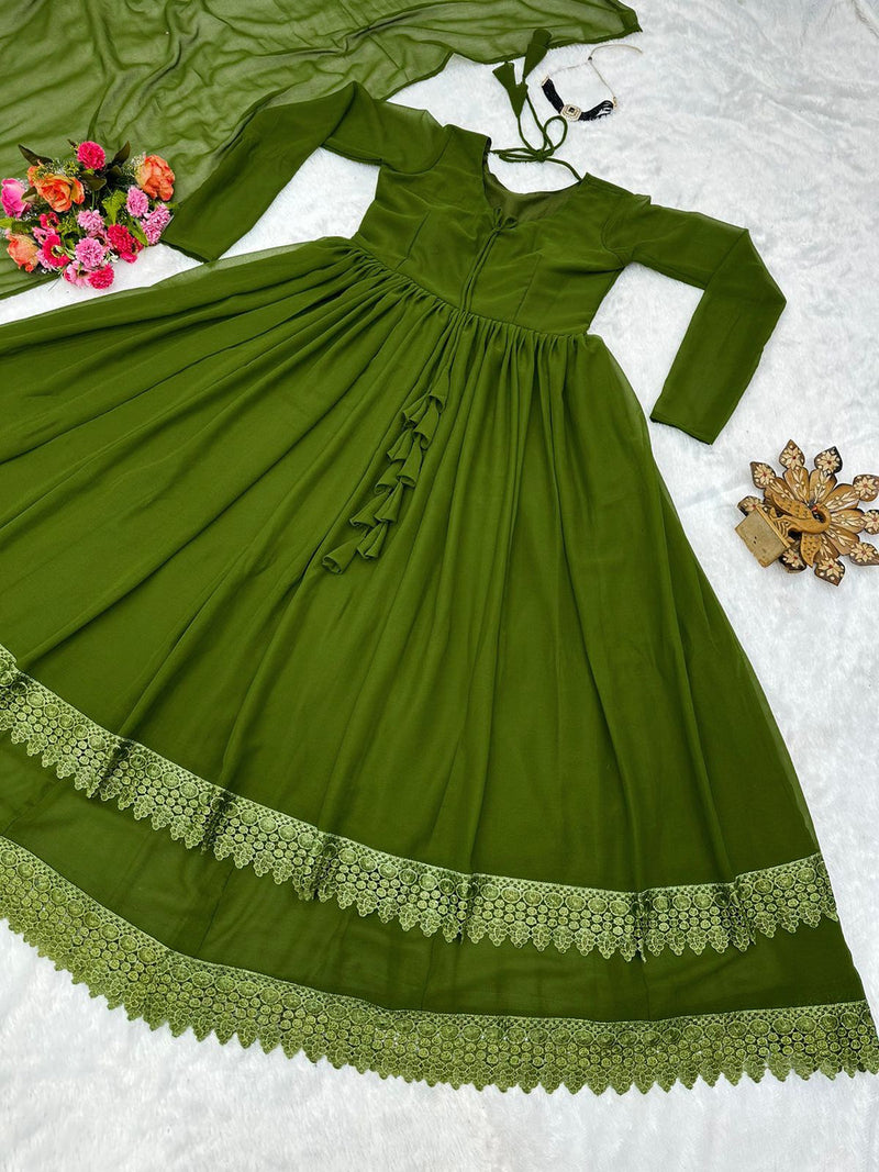 Good Looking Lace Border Mehndi Gown With Plain Dupatta