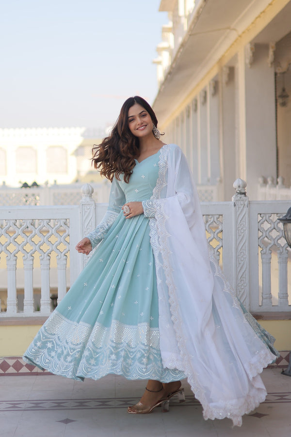 Beautiful Sky Blue Color Embroidery Work Gown With Dupatta
