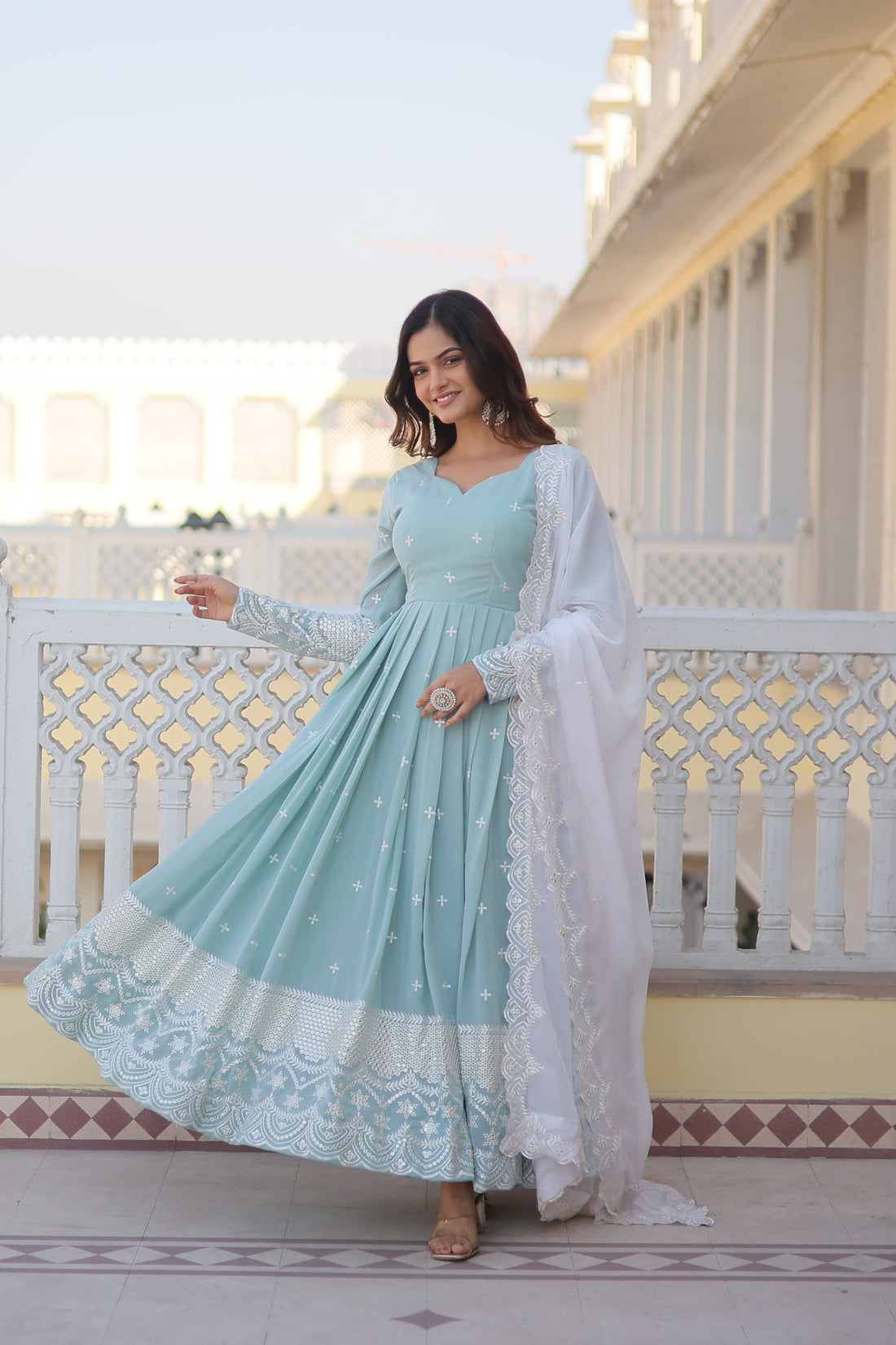 Beautiful Sky Blue Color Embroidery Work Gown With Dupatta – subhvastra