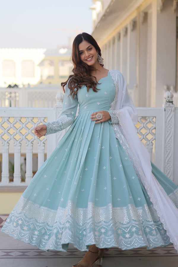 Beautiful Sky Blue Color Embroidery Work Gown With Dupatta