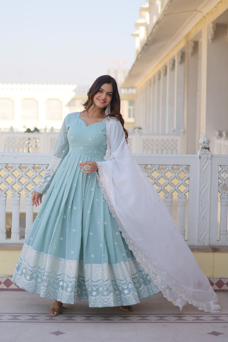 Beautiful Sky Blue Color Embroidery Work Gown With Dupatta – subhvastra