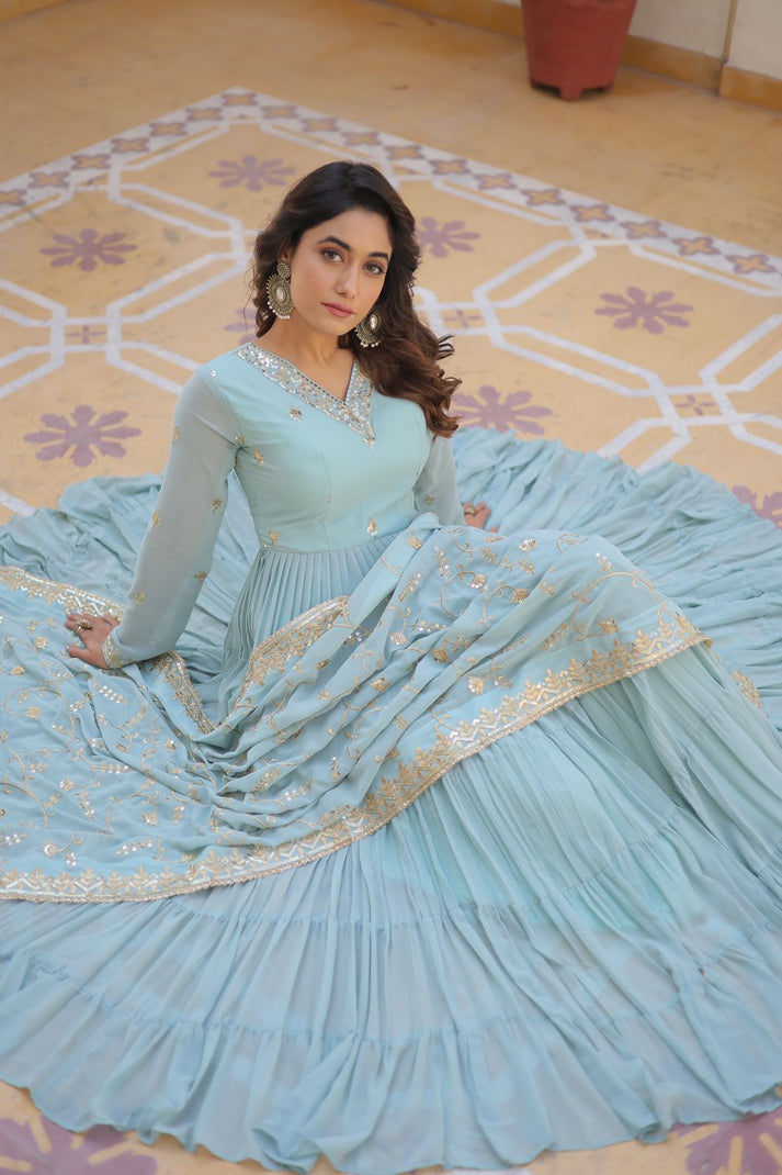 Ruffle Flair Embroidered Work Sky Blue Gown With Dupatta