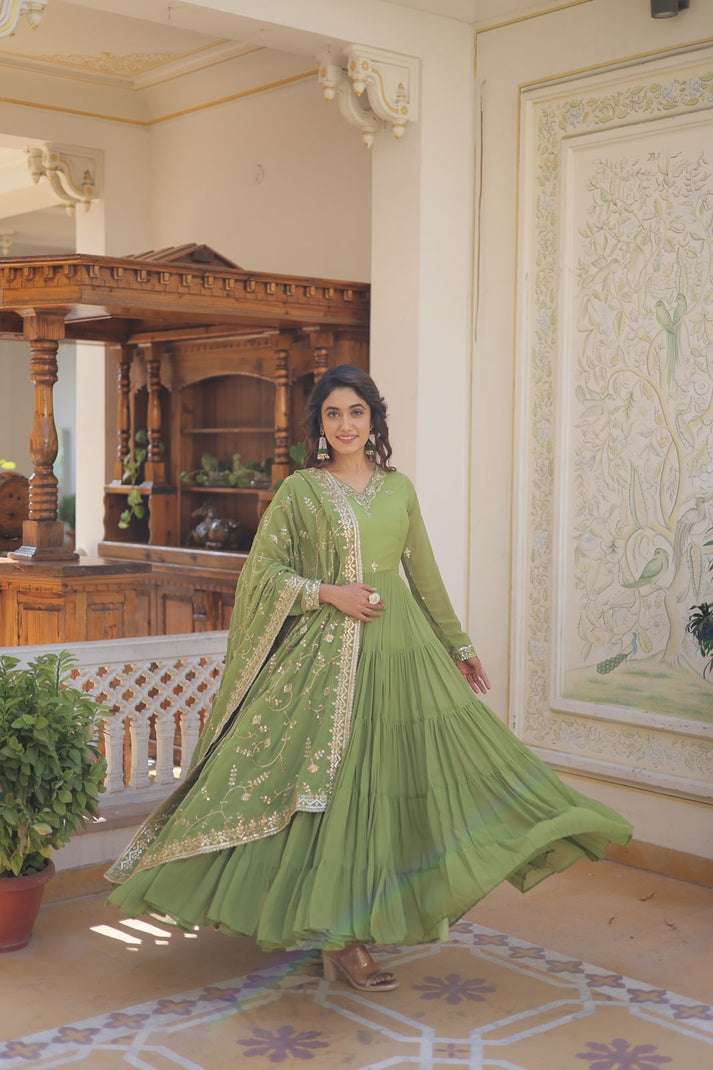 Ruffle Flair Embroidered Work Parrot Green Gown With Dupatta