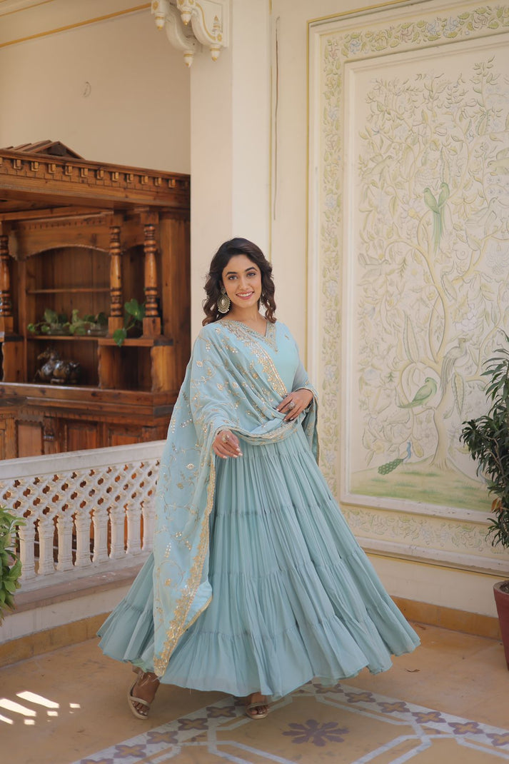 Ruffle Flair Embroidered Work Sky Blue Gown With Dupatta subhvastra Ruffle Flair Embroidered Work Sky Blue Gown With Dupatta subhvastra