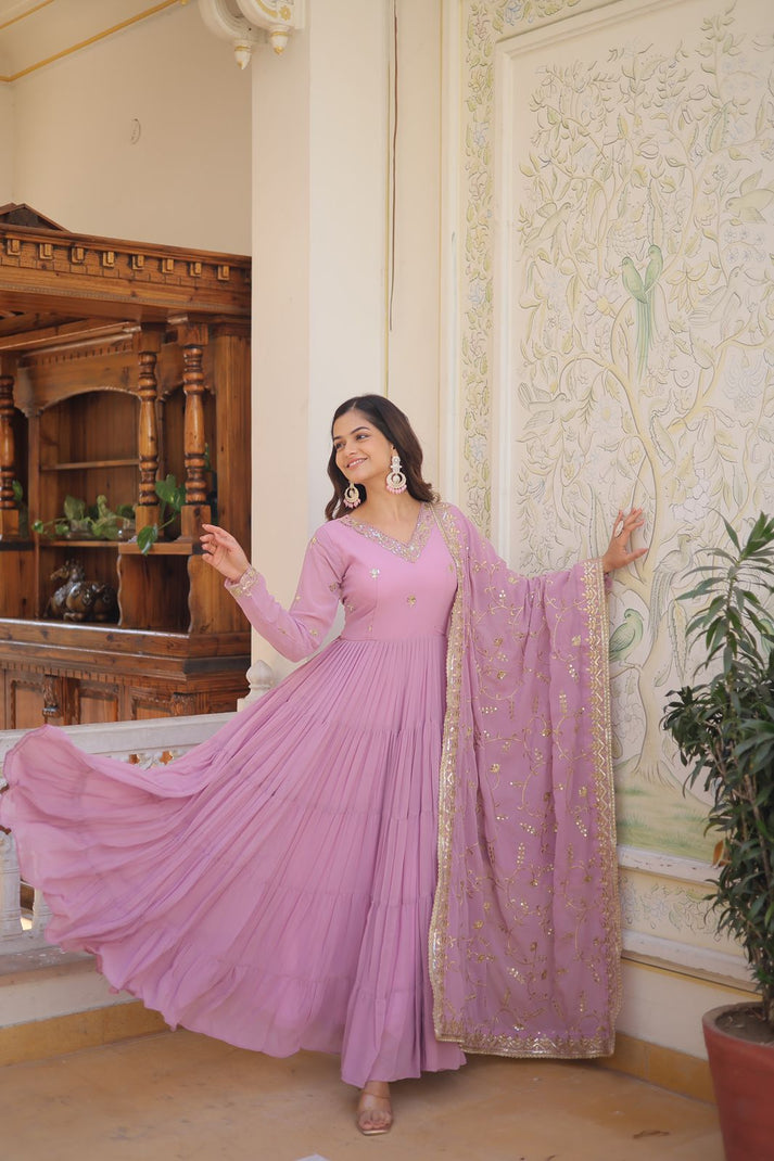 Ruffle Flair Embroidered Work Lavender Gown With Dupatta