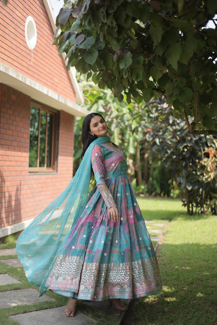 Aqua Blue Color Digital Print With Embroidery Work Gown – subhvastra