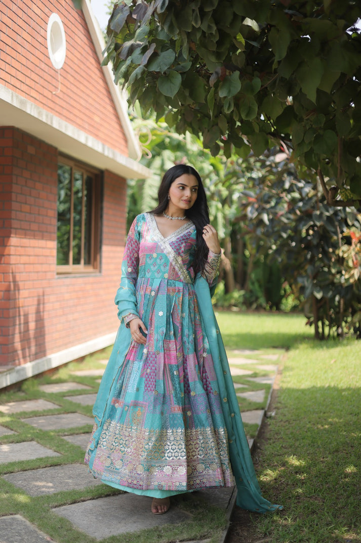 Aqua Blue Color Digital Print With Embroidery Work Gown – subhvastra