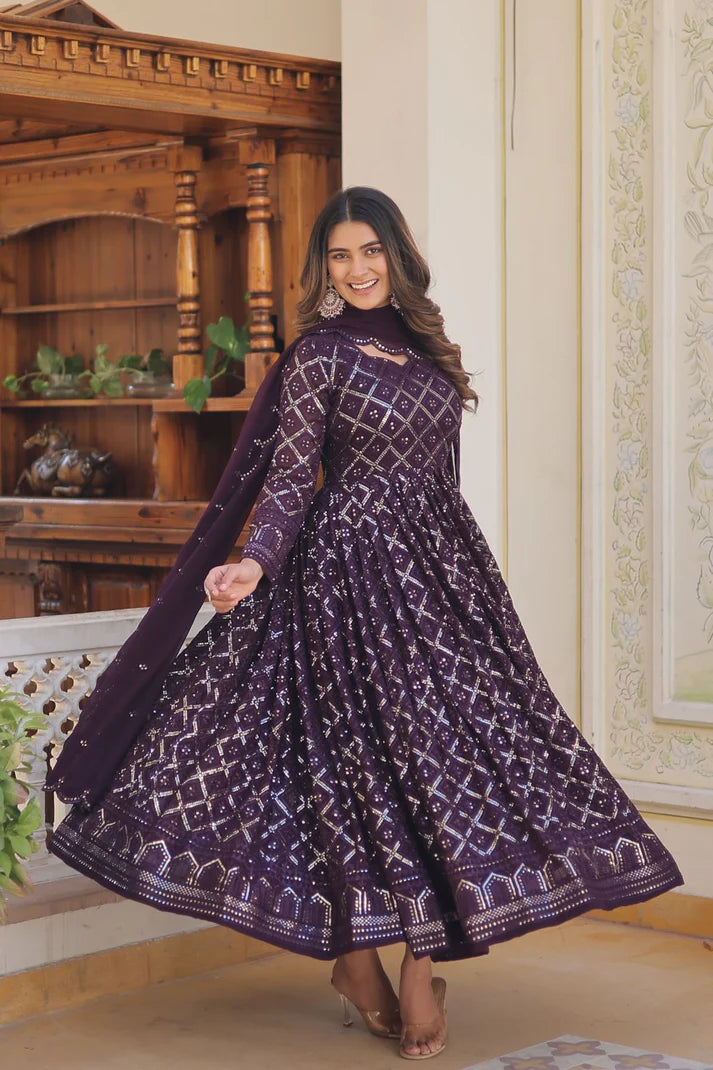 Attractive Purple Color Heavy Embroidered Work Gown With Dupatta