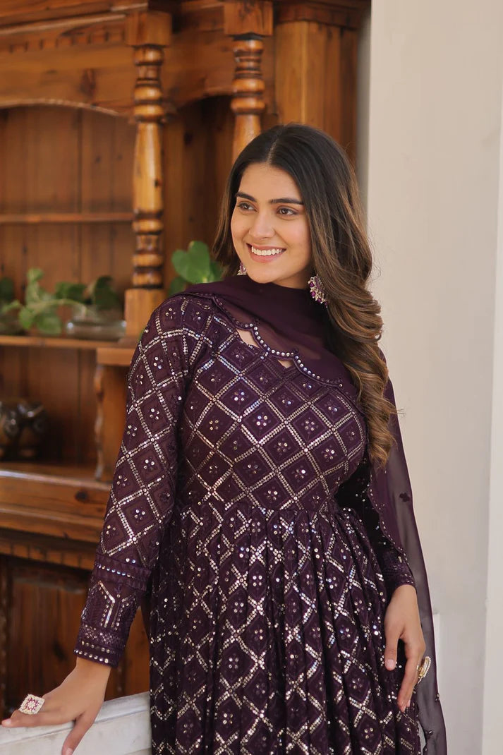 Attractive Purple Color Heavy Embroidered Work Gown With Dupatta