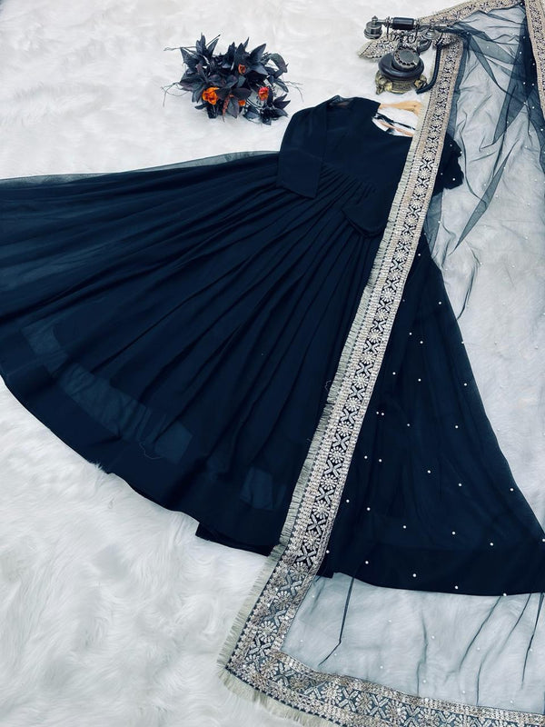 Fantastic Black Plain Long Gown With Work Dupatta