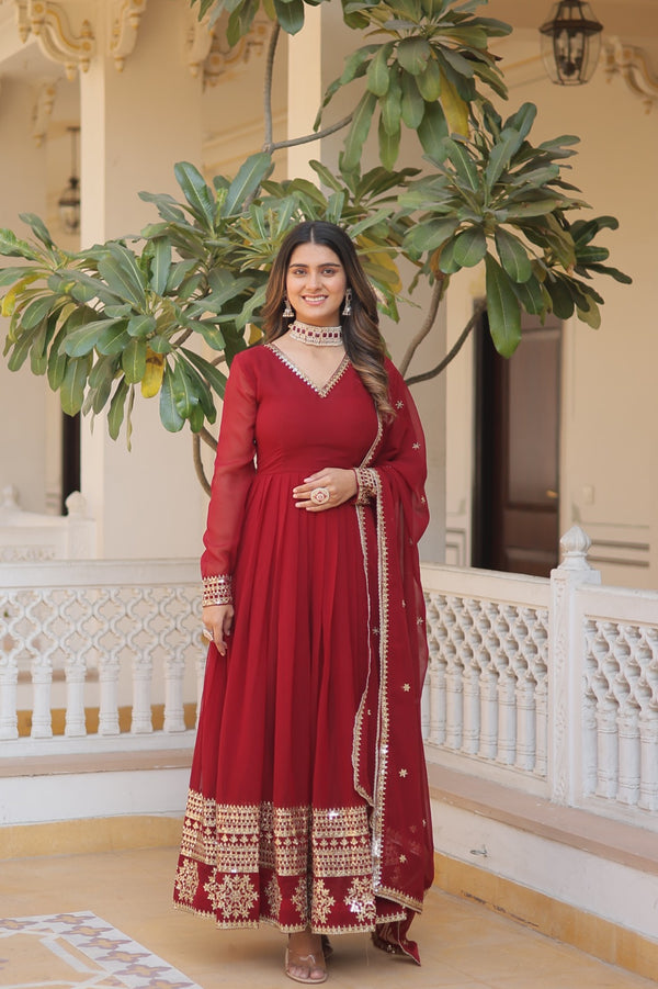 Maroon Embroidery Multi Sequence Work Gorgeous Gown