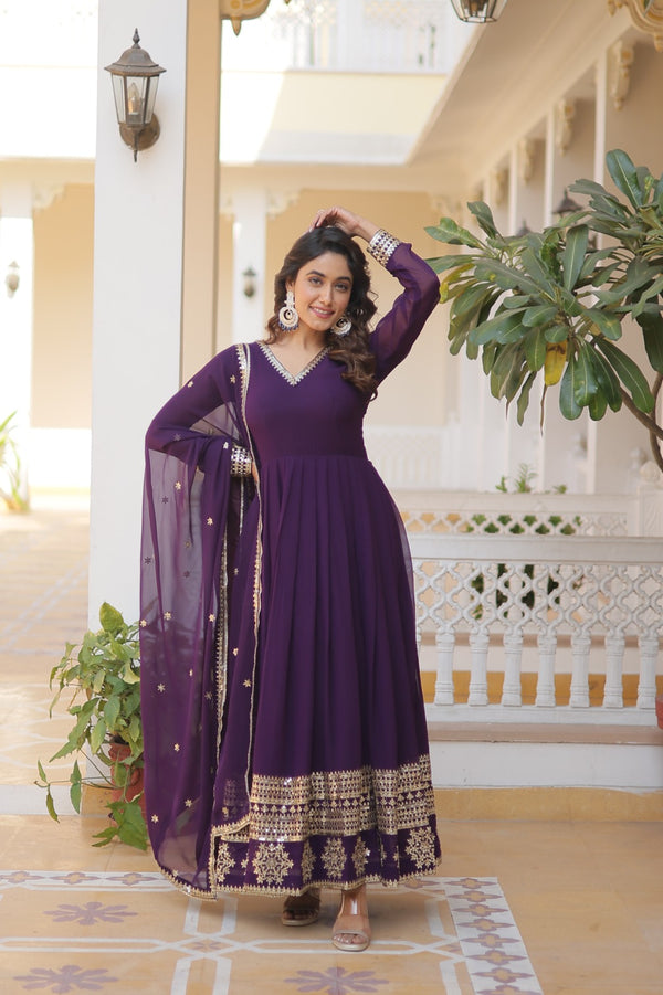 Purple Embroidery Multi Sequence Work Gorgeous Gown