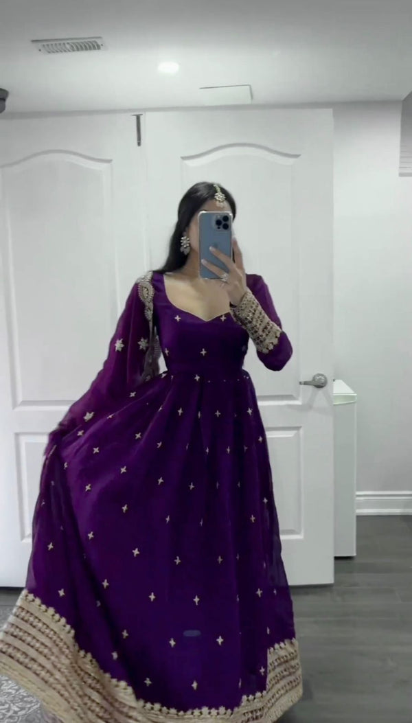 Beautiful Golden Sequence Work Purple Color Long Anarkali Gown