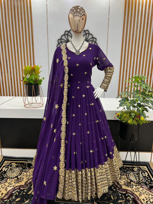 Beautiful Golden Sequence Work Purple Color Long Anarkali Gown